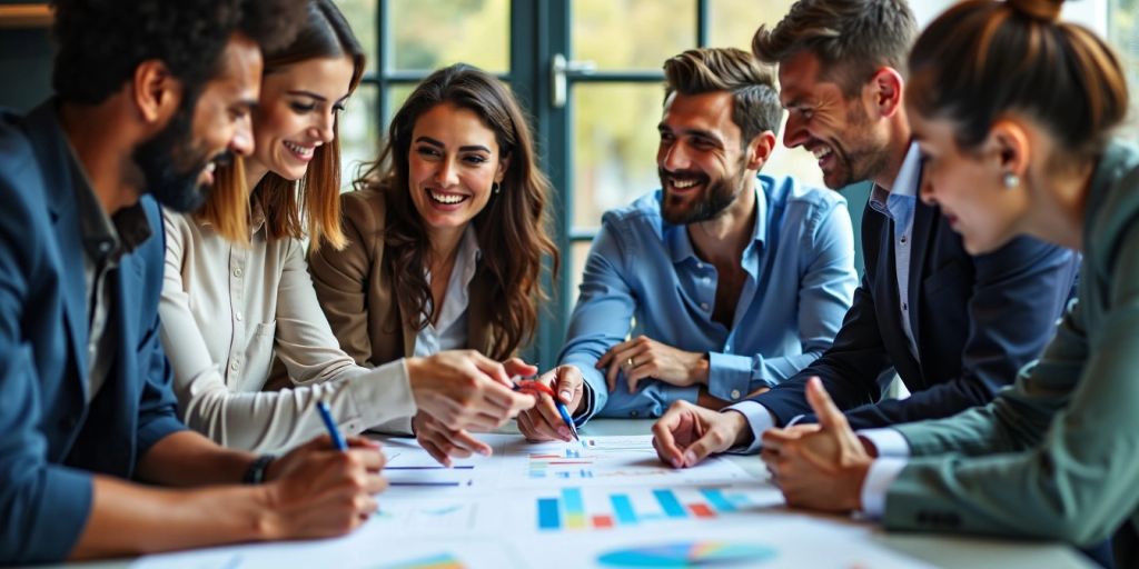 Professionals collaborating on brand strategy in a modern office.