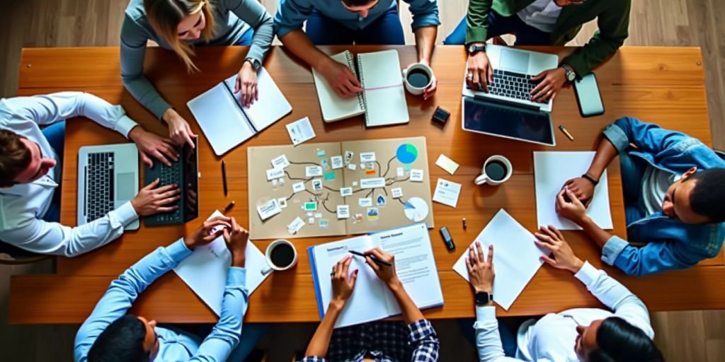 Entrepreneurs collaborating on startup ideas around a table.