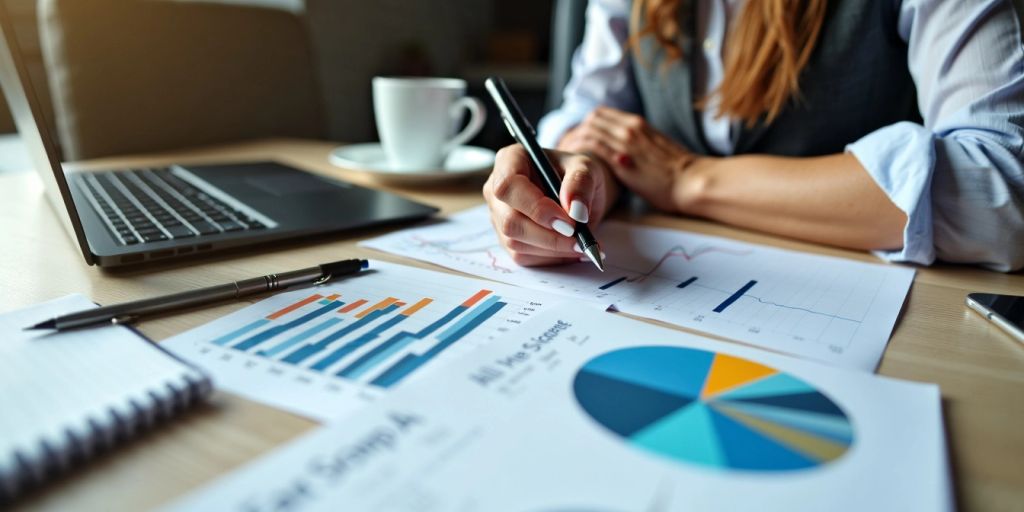 Businesswoman analyzing charts for a successful business plan.