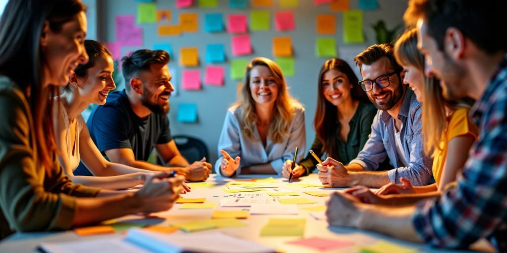 Group of people collaborating in a bright workshop setting.