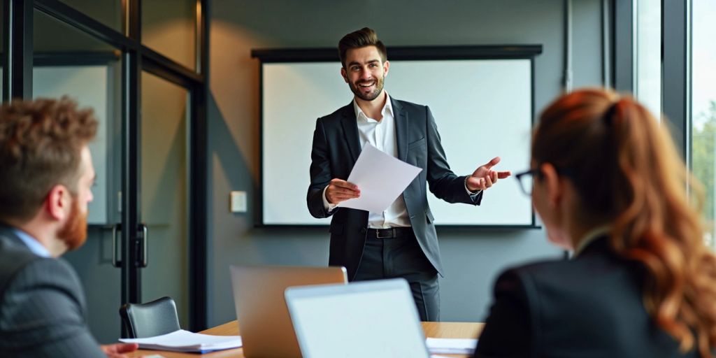 Businessperson presenting a proposal in a modern office.