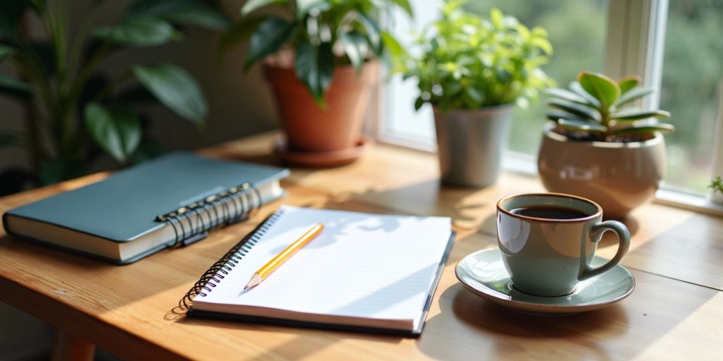 Workspace with notebook, pencil, coffee cup, and plants.