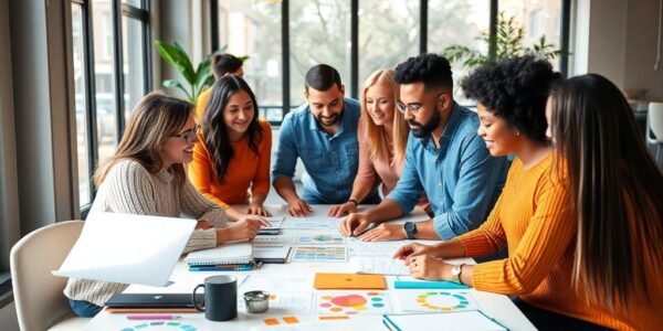 Diverse team collaborating on brand strategy in modern workspace.