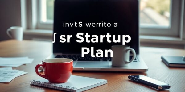 Workspace with laptop and notepad for business planning.
