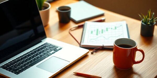 Workspace with laptop, notepad, and coffee for planning.