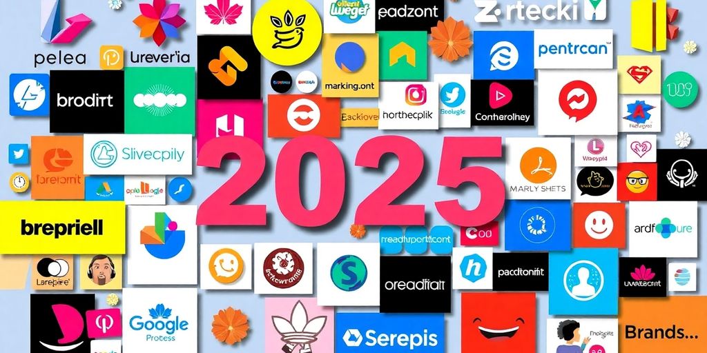 Colorful brand logos and marketing tools for 2025 strategies.