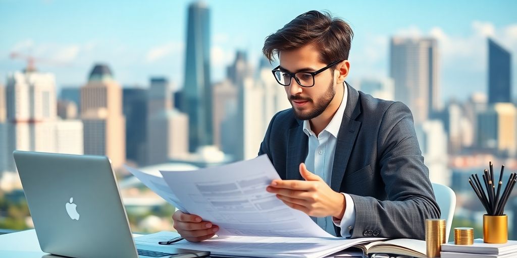 Young professional analyzing finances with city skyline backdrop.