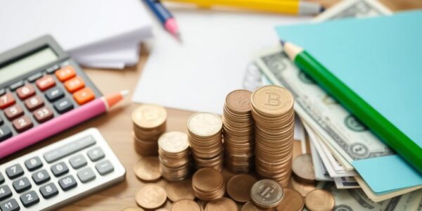 Calculator, planners, and money on a workspace table.