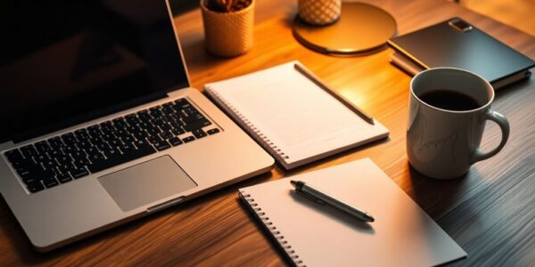 Entrepreneurial workspace with a laptop and notepad.