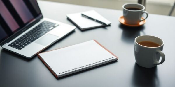 Professional workspace with laptop and notepad for proposals.