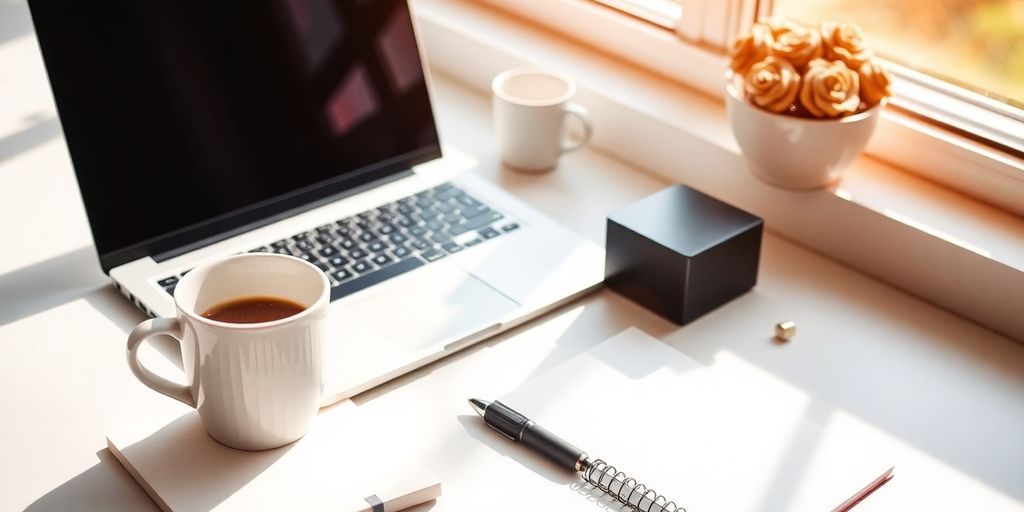 A cozy workspace with a laptop and notepad.