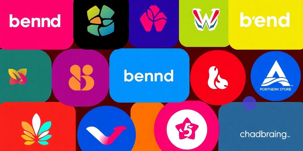 Colorful collage of innovative brand logos and designs.