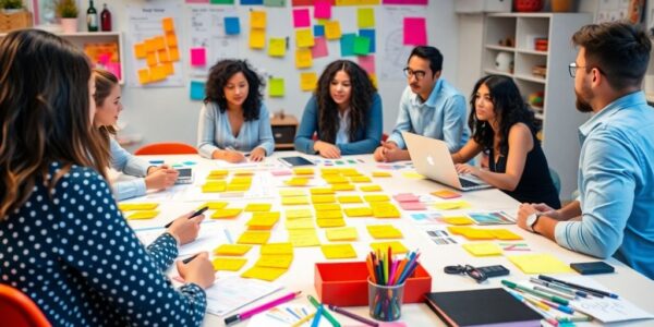 Diverse team collaborating at a colorful brand planning workspace.
