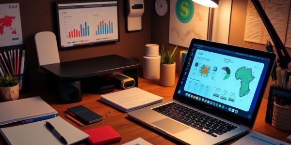 Creative workspace with laptop and digital project tools.