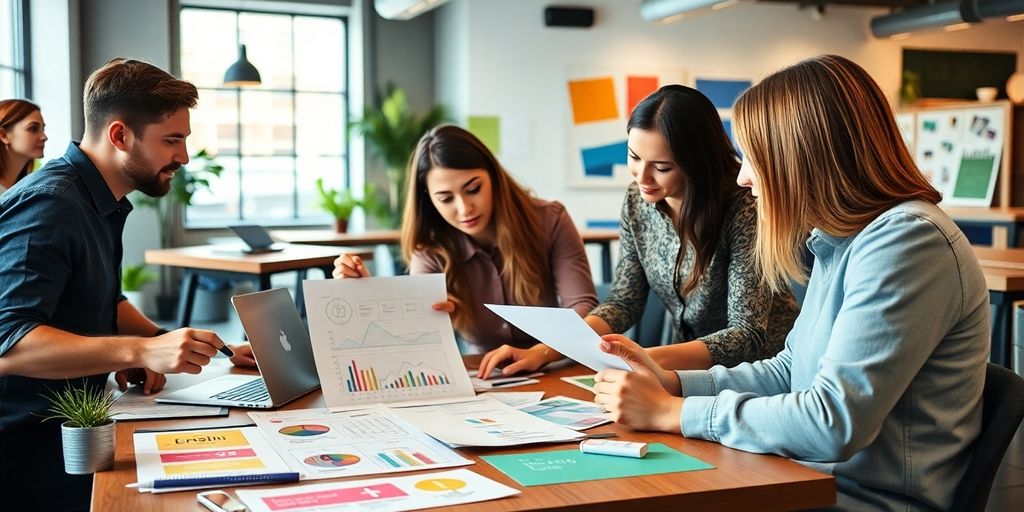 Creative team brainstorming brand strategies in a vibrant workspace.