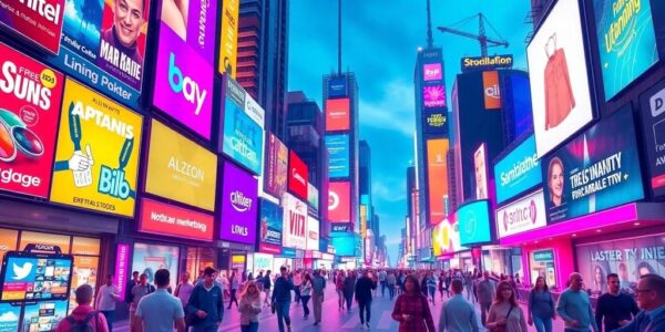 Futuristic marketing concepts in a dynamic cityscape.