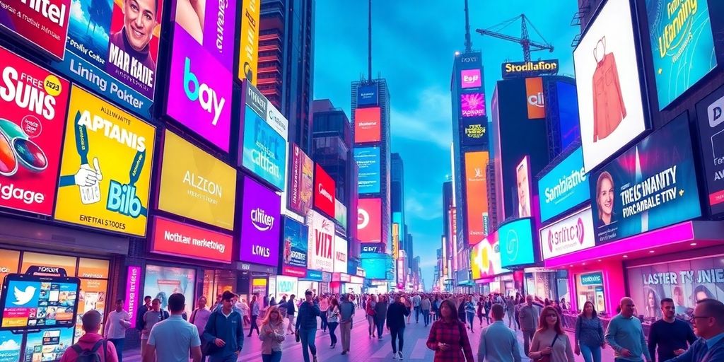 Futuristic marketing concepts in a dynamic cityscape.