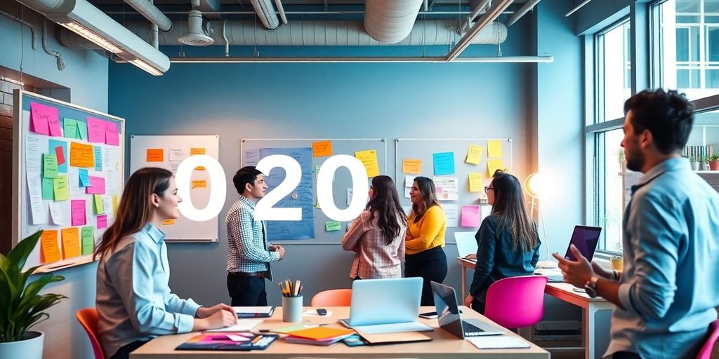 Creative team collaborating on brand strategy in modern workspace.