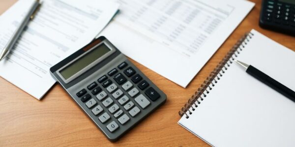 Calculator and notepad on a desk with financial documents.