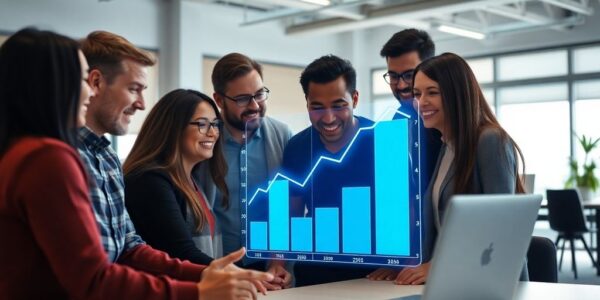 Startup team collaboration around a growth chart.