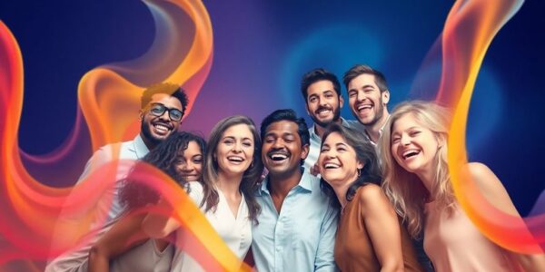 Diverse team collaborating, vibrant colors, dynamic energy