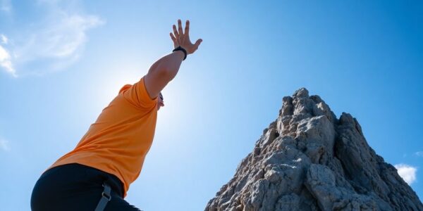 Person climbing mountain, reaching for top.