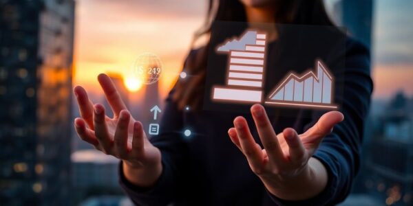 Person planning finances with futuristic holographic projections.