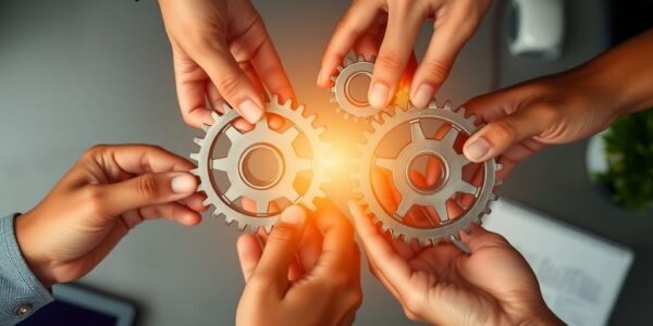 Intertwined gears, diverse hands, glowing connection.