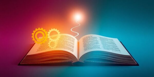 Opened book with light, gears, and path.