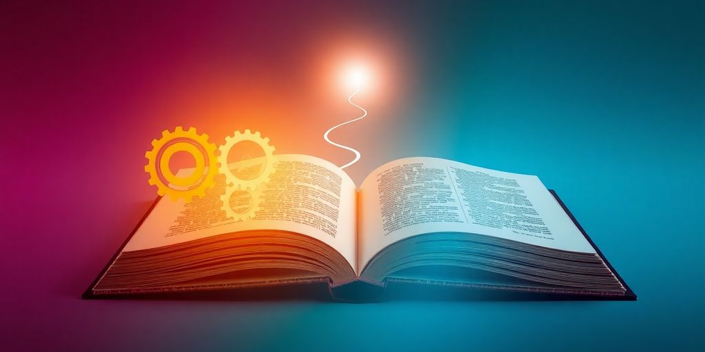 Opened book with light, gears, and path.