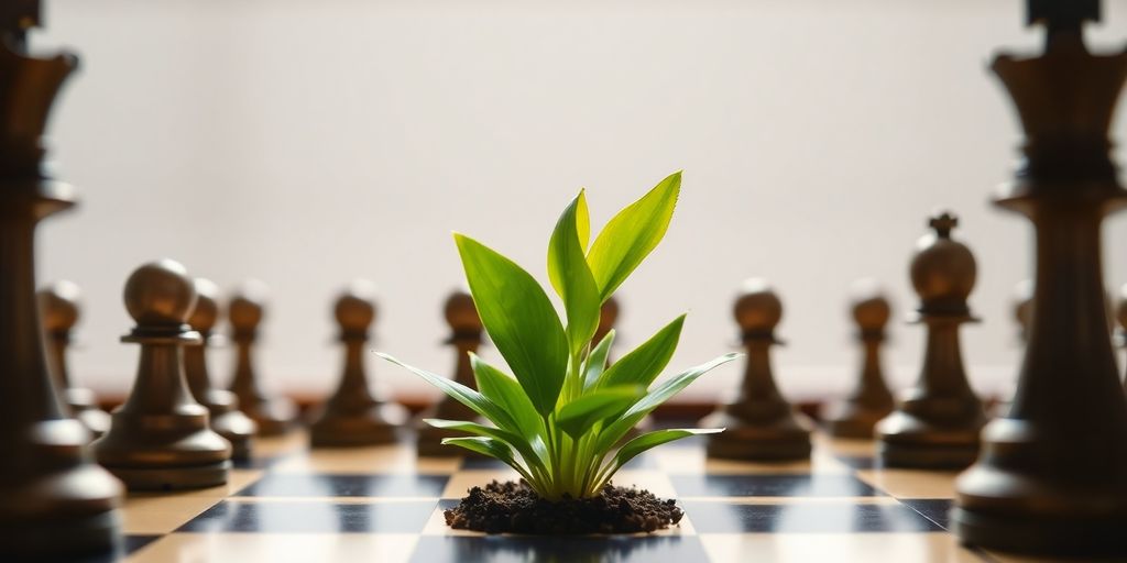 Chess pieces on board, growing plant.