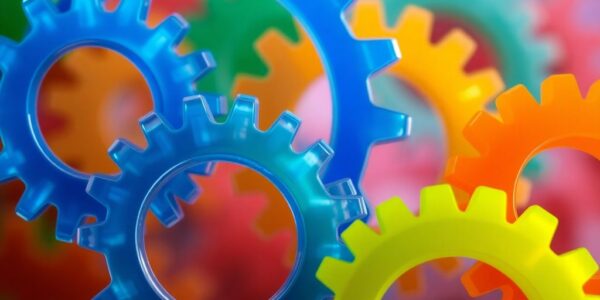 Colorful interlocking gears turning smoothly.