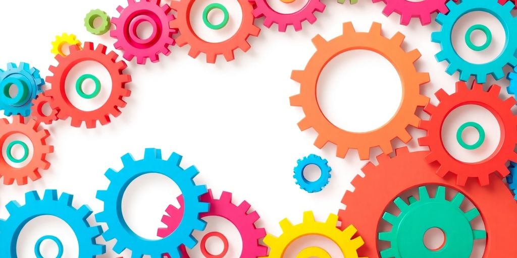 Colorful cogwheels interlocking, growing upwards, on a bright background.