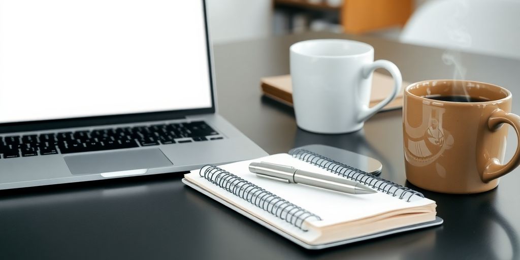Desk with laptop, notebook, pen, and coffee mug.