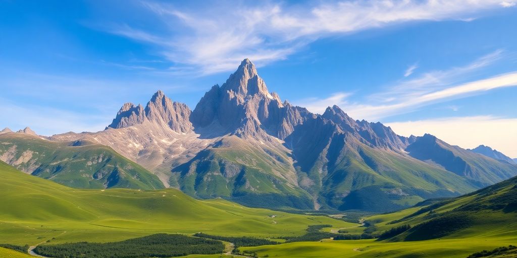 Majestic mountain range, vibrant sky, lush green valleys.