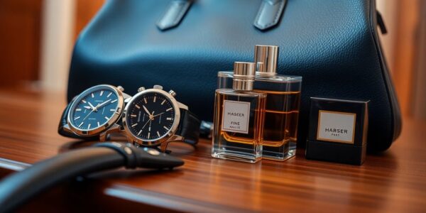Luxury brand items on elegant display.