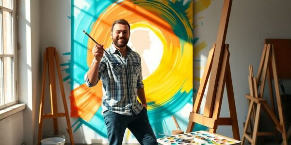 Artist painting colorful mural in bright studio with natural light
