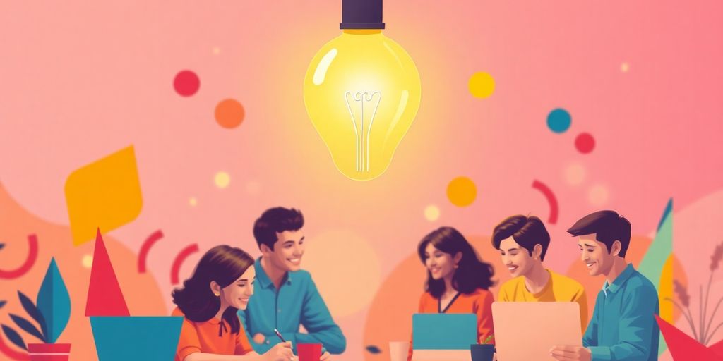 Bright lightbulb illuminates diverse group collaborating on branding.