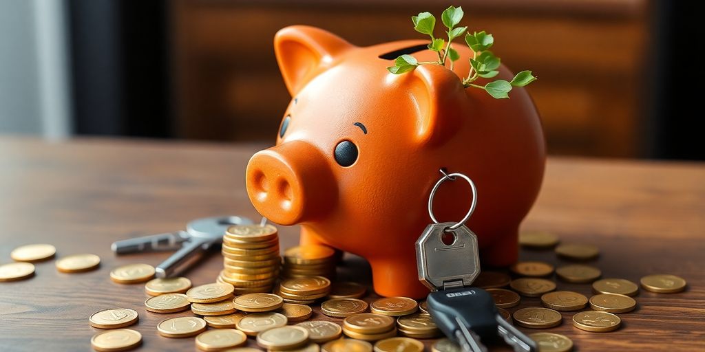 Piggy bank, coins, growing plant, keys