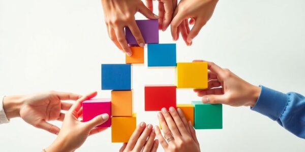 Diverse hands building colorful interconnected blocks