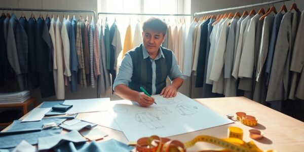 Man drawing business plan for clothing store.