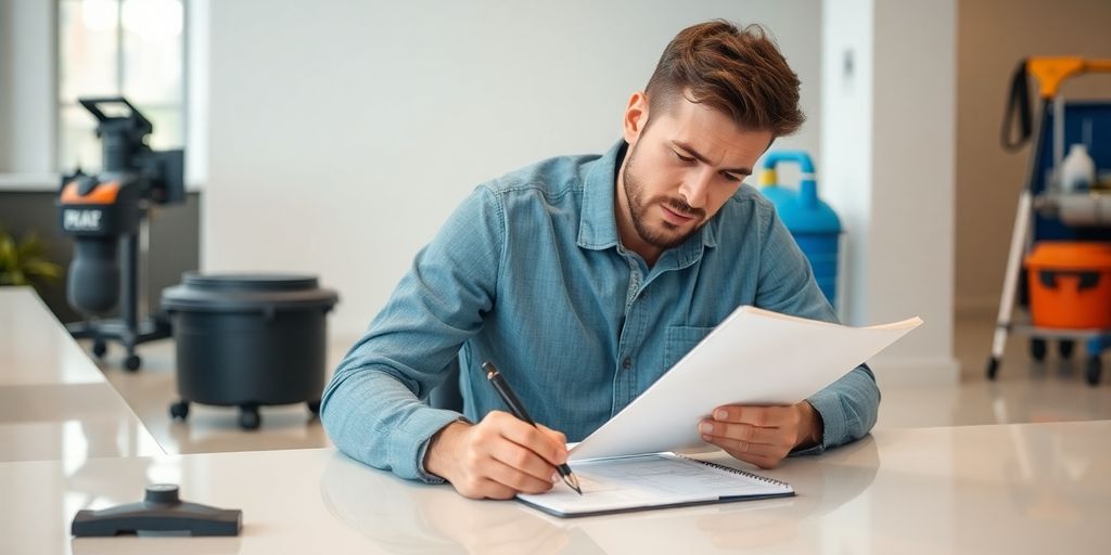 Business owner planning cleaning company goals with sparkling clean surfaces.