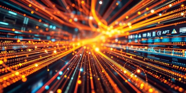 Flowing streams of digital data connecting business elements.